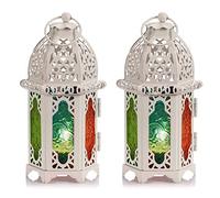 NUPTIO 2 Pcs Moroccan Style Candle Lantern - Small Sized Tealight Candle Holder with Coloful Glass Panels, Tea Light Holders for Christmas Patio Indoors Outdoors Events Parties Weddings, White