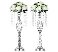 Nuptio 2 Pcs Silver Wedding Centerpieces Stand, 21.7in/55cm Height Road Lead Vases, Crystal Artificial Flower Arrangements for Party Birthday Event Reception Home Decor