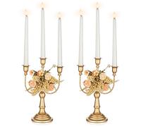 Nuptio 3-arm Candelabras Gold Candle Stick Stands 2 Pcs Metal 29.5cm Candelabra Centrepiece Candlestick Holders for Tapered Candles Wedding Birthday Party Dining Table Christmas Decoration