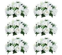 Nuptio, 6 Bouquet Artificial Flowers with 15 Plastic Roses with Base Suitable for Wedding Centerpiece Party Valentine's Day Home Decoration(Pure White)