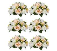 Nuptio 6 Bouquet Artificial Flowers with 15 Plastic Roses with Base, Suitable for Wedding Centerpieces Party Valentine's Day Home Decoration(Champagne and White)