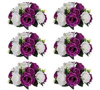 Nuptio, 6 Pack Fake Flowers with 15 Plastic Roses with Base, Suitable for Wedding Centerpieces Party Valentine's Day Home Decor (Purple and White)