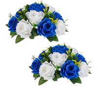 NUPTIO Artificial Flower Ball Centrepieces: 2 Pcs Royal Blue & White Fake Flowers Roses Balls 24cm Diameter for Centerpiece Faux Silk Rose Arrangements for Wedding Reception Party Table Decorations