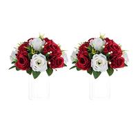 NUPTIO Artificial Flower Centrepieces for Tables - 2 Pcs Crimson & White Fake Flowers Roses Balls 24cm Diameter - Silk Faux Rose Arrangement for Wedding Party Centerpiece Table Decorations