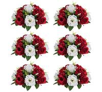 NUPTIO Artificial Flower Centrepieces for Tables - 6 Pcs Crimson & White Fake Flowers Roses Balls 24cm Diameter - Silk Faux Rose Arrangement for Wedding Party Centerpiece Table Decorations
