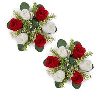 NUPTIO Artificial Flowers Wreath for Decoration - 2 Pcs 22cm Diameter Small Burgundy & White Fake Roses Wedding Centrepieces for Tables Spring Summer Wreaths for Front Door Weddings Party Ceremony