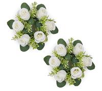 NUPTIO Artificial Flowers Wreath for Decoration - 2 Pcs 22cm Diameter Small White Fake Roses Wedding Centrepieces for Tables Spring Summer Wreaths for Front Door Weddings Party Ceremony