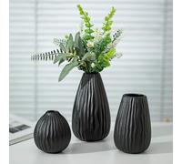 NUPTIO Black Pampas Grass Vase: Decorative Modern Ribbed Flower Vases for Living Room Shelf Kitchen Window - 20cm+16cm+11cm Small Boho Centrepiece for Table Decor Set of 3
