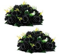 NUPTIO Black Roses Artificial Flowers - 2 Pcs Fake Bouquet With 15 Heads Hydrangea, Real Looking Roses With Base (Black)