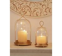 NUPTIO Candle Holder Gold Glass: Pillar Hurricane Lanterns for Living Room | Set of 2 Large Outdoor Decorative Hanging Brass Candle Holders Antique for Christmas Wedding Table Centrepiece Ornaments