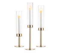 NUPTIO Candle Sticks Holder Hurricane - Gold Taper Candle Holder Glass Cylinder Candlestick Tall Wedding Table Centrepiece Party Decor Metal 3Pcs
