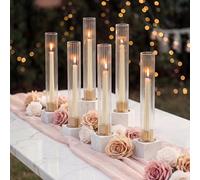 NUPTIO Candlestick Holder with Ribbed Hurricane: Set of 6 Metal Candle Holders with Glass Cylinders - Gold Taper Candleholders for Birthday Valentine Wedding Table Centerpiece Outdoor Decor