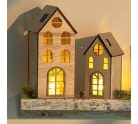 NUPTIO Christmas House Decorations with Lights: Light up Village Houses Xmas Ornaments - 2 Pcs Wooden Tealight Holders Indoor LED Lantern Pottery Scene Table Home Window Sill Fireplace Winter Decor
