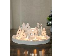 NUPTIO Christmas House Tealight Holder: Village Sets Wooden Ornaments Modern Round Table Decoration Tea Light White Xmas Candle Holder Light up Houses with Metal Plate Advent Wreath 27 x 20 x 12.5cm
