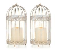 NUPTIO Decorative Bird Cage Lantern: 2 Set of 25.5cm Tall Rustic White Birdcage Lanterns Centerpiece Vintage Decorating Metal Pillar Candle Holder for Christmas Bridal Shower Party Decor