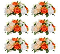 NUPTIO Flower Ball Arrangement Bouquet: 6 Pcs Artificial Flowers Centrepieces Roses Arrangements 24cm Diameter - Orange Fake Rose Bouquets Centerpiece for Wedding Christmas Party Table Decorations
