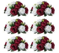 NUPTIO Flower Wedding Centrepieces for Tables - 6 Pcs 24cm Diameter Burgundy & White Artificial Flowers Roses Ball for Centerpieces Table - Fake Rose Arrangements for Weddings Birthday Party Decor