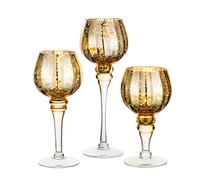 Nuptio Glass Candle Holder Tall - 3 Pcs Large Tea Lights Candle Holders Gold Tealight Table Candle Holder Set for Floating & Pillar Candles, Mercury Candleholders for Wedding Party Christmas Decor