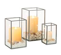 NUPTIO Glass Hurricane Candle Holder: 3 Pcs Black Lanterns Geometric Pillar Candles Holder Decorative Lantern Centerpiece for Outdoor & Indoor Halloween Holiday Fireplace Decor 8.1 & 6.5 & 4.7 inch