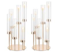 NUPTIO Gold Candlestick Holders Hurricane - 60cm Tall 2 Pcs Taper Candle Holder with Clear Cylinder Glass 6 Arms Candelabra Candle Stick Chimney Cover Outdoor Wedding Centrepieces for Tables Christmas