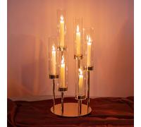NUPTIO Gold Candlestick Holders Hurricane - 60cm Tall Taper Candle Holder Clear Cylinder Glass 6 Arms Candelabra Metal Candle Stick Chimney Cover Outdoor Wedding Centrepieces Tables Christmas Decor