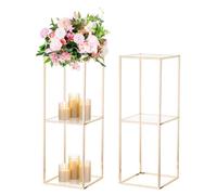 NUPTIO Gold Vase Centrepieces for Tables: 2 Pcs 80cm Tall Flower Stand With 2-layer Acrylic Panel Metal Floor Geometric Column Vases for Wedding Centrepiece Birthday Party Decorations