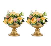 Nuptio Gold Vases for Centrepieces Wedding - 2 Pcs 16.4cm Height Metal Urn Vase Elegant Bulk Wedding Centerpieces for Tables - Small Flower Trumpet Vase Urns for Birthday Party Home Decorations