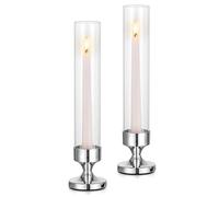 NUPTIO Hurricane Glass Candle Holder: Silver Candle Sticks Holder Tall Taper Candlestick Glass Cylinder - Set of 2 Wedding Centrepieces for Tables Fireplace Dining Table Decor