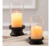 NUPTIO Hurricane Pillar Candle Holders: Set of 2 Glass Cylinder Candle Stand Black Outdoor Metal Halloween Wedding Centrepieces for Tables Christmas Mantel Dining Room