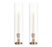 NUPTIO Hurricane Wooden Candlestick Holder: Set of 2 Glass Cylinder Shade 35cm Tall Candle Holders for Taper Candle Stick Clear Open Ended Candleholder Party Wedding Centrepieces for Tables