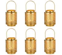 NUPTIO Mini Lanterns for Wedding Centerpieces: 6 Pcs Gold Hanging Metal Tealight Holders Bulk 10.5cm Vintage Brass Tea Lights Candle Lantern for Christmas Diwali Ramadan Holiday Decor (Style 2)