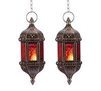 Nuptio Moroccan Candle Lantern 2 Pcs Hanging Tea Light Candle Holders Metal & Glass Ramadan Lamp Brown Decorative Lanterns for Candles for Living Room Balcony Patio Halloween Christmas Decorations