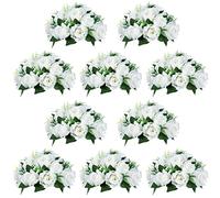 NUPTIO Pcs of 10 Fake Flower Ball Arrangement Bouquet,15 Heads Plastic Roses with Base, Suitable for Our Store's Wedding Centerpiece Flower Rack for Parties Valentine's Day Home Décor (Pure White)