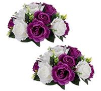 NUPTIO Pcs of 2 Fake Flower Ball Arrangement Bouquet,15 Heads Plastic Roses with Base, Suitable for Our Store's Wedding Centerpiece Flower Rack for Parties Valentine's Day Home Décor (Purple & White)