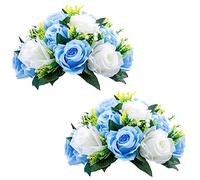 NUPTIO Pcs of 2 Fake Flower Ball Arrangement Bouquet,15 Heads Plastic Roses with Base, Suitable for Our Store's Wedding Centerpiece Flower Rack for Parties Valentine's Day Home Décor (Blue & White)