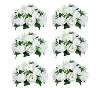 NUPTIO Pcs of 6 Fake Flower Ball Arrangement Bouquet,15 Heads Plastic Roses with Base, Suitable for Our Store's Wedding Centerpiece Flower Rack for Parties Valentine's Day Home Décor (Pure White)