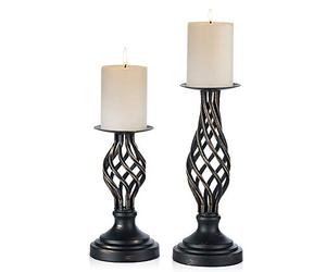 Nuptio Pillar Candle Holders Black - Vintage Metal Candles Stand Candlestick Holder Gothic, Christmas Halloween Home Living Room Fireplace Party Wedding Table Centrepiece Decor, 2 Pieces(22cm + 29cm)