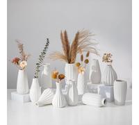 NUPTIO Small White Ceramic Vase: Decorative Flower Bud Vases for Home Bathroom Shelves Decor - Rustic Boho Ribbed Centrepiece for Table Decoration Set of 12