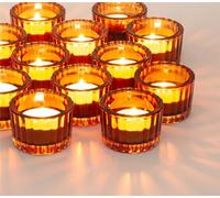 NUPTIO Tea Light Candle Holders - 12 Pcs Amber Tealight Holders Glass Bulk Votive Candle Holder Brown Ribbed Wedding Table Decoration Living Room Home Decor