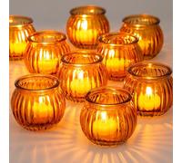 NUPTIO Tea Light Candle Holders - Set of 12 Amber Glass Pumpkin Tealight Holder Ribbed Votive Bulk Christmas Halloween Decorations Wedding Party Living Room Table Centrepieces