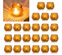 NUPTIO Tea Light Candle Holders - Set of 24 Amber Glass Pumpkin Tealight Holder Ribbed Votive Bulk Christmas Halloween Decorations Wedding Party Living Room Table Centrepieces