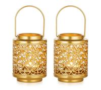 NUPTIO Tealight Lantern Candle Holder: 2 Pcs Gold Hanging Metal Tea Light Holders 10.5cm Rustic Mini Decorative Lanterns Centerpiece for Home Dining Table Living Room Table Decoration (Style 3)