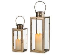 NUPTIO Vintage Lanterns Outside Metal: 24 35cm Tall Set of 2 Rustic Lantern Decor with Glass - Decorative Distressed Gold Candle Holder for Wedding Christmas Mantel Living Room Patio