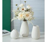 NUPTIO White Ceramic Vase Decor: Decorative Modern Ribbed Flower Vases for Living Room Shelf Kitchen Window - 20cm+16cm+11cm Small Boho Centrepiece for Anniversary Table Set of 3