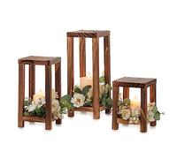 NUPTIO Wooden Candle Lanterns Rustic: 3 Pcs Pillar Candles Wood Candle Holders Indoor for Living Room, Decorative Candle Lanterns Farmhouse Wedding Fireplace Christmas Decor, 32.5cm&25.7cm&17.7cm