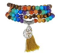 Nupuyai 108 Mala Prayer Beads Bracelet Women Men, Tiger's Eye Crystal Stone Beads Wrap Bracelet with Tree of Life Tassel Charm Meditation 7 Chakra Stone Bracelet Necklace