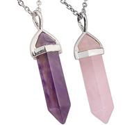 Nupuyai 2pcs Amethyst & Rose Quartz Hexagonal Stone Pendant Necklace for Women Men, Energy Protection Crystal Point Pendant with Chain