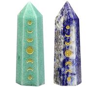 Nupuyai 2pcs Lapis Lazuli & Green Aventurine Engraved Moon Phase Lunar Eclipse Faceted Crystal Point Wand Set, Prism Quartz Point Stone for Reiki Chakra Healing Home Decor