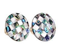 Nupuyai 2pcs Round Abalone Shell & White Shell Drawer Knobs Set, Vintage Plaid Pattern Decorative Cabinet Pulls Handle for Dresser Home Office Decor