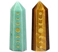 Nupuyai 2pcs Tiger's Eye & Green Aventurine Engraved Moon Phase Lunar Eclipse Faceted Crystal Point Wand Set, Prism Quartz Point Stone for Reiki Chakra Healing Home Decor